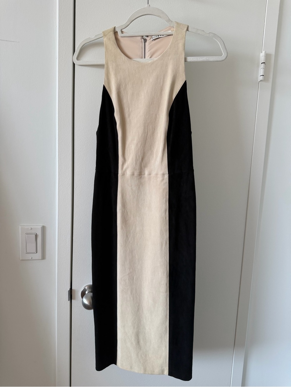 Alice + Olivia Dex Suede Cream and Black Colorblock Midi Sheath Dress
